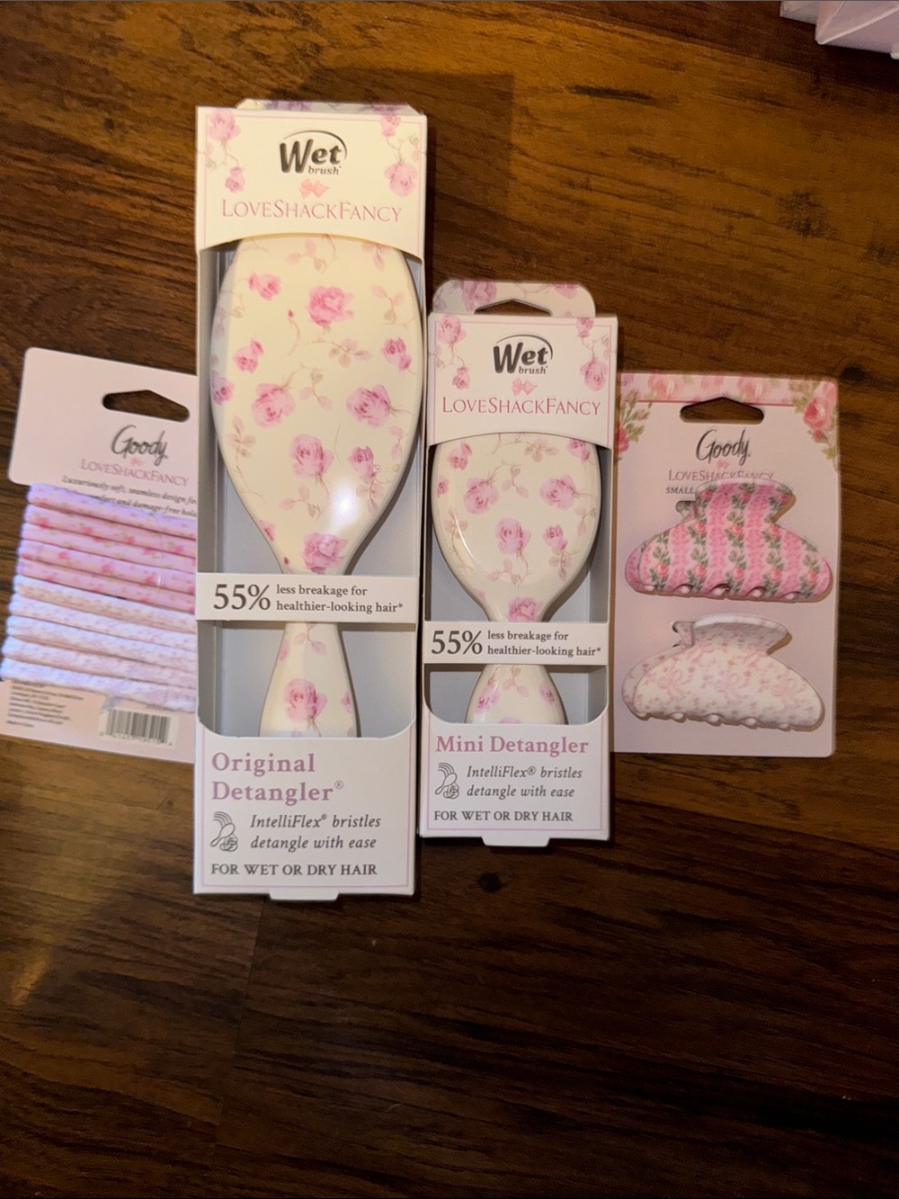 LoveShackFancy Pink Floral Original Detangler, Mini Detangler, Hair Clips and Ru